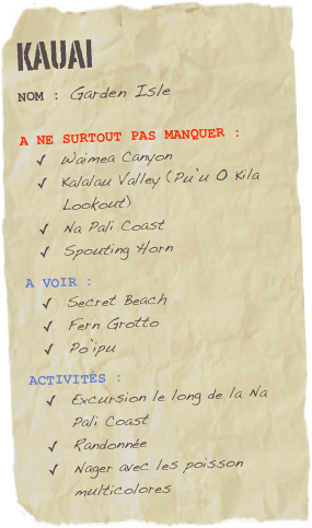 KAUAI
Nom : Garden Isle
A NE SURTOUT PAS MANQUER :
Waimea Canyon
Kalalau Valley (Pu’u O Kila Lookout)
Na Pali Coast
Spouting Horn
A vOIR :
Secret Beach
Fern Grotto
Po’ipu
ACTIVITés :
Excursion le long de la Na Pali Coast
Randonnée
Nager avec les poisson multicolores