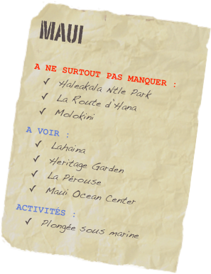 Maui

A NE SURTOUT PAS MANQUER :
Haleakala Ntle Park
La Route d’Hana
Molokini
A vOIR :
Lahaina
Heritage Garden
La Pérouse
Maui Ocean Center
ACTIVITés :
Plongée sous marine 